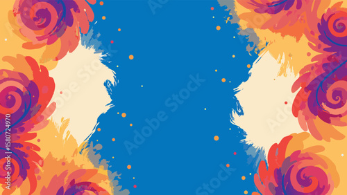 Artistic background with floral swirls and splatters of paint on a blue and cream colored canvas art