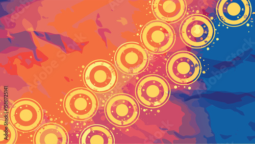 Abstract background with orange and blue hues and a pattern of golden concentric circles scattered across it