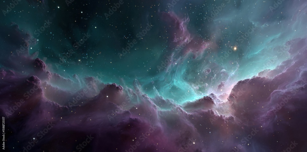 Fototapeta premium Breathtaking cosmic panorama featuring swirling nebulae in shades of purple, teal, and blue, dotted with countless twinkling stars, showcasing the vastness, mystery, and beauty of deep space and the u