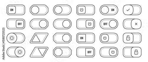 Toggle switches in monochrome style. Vector isolated collection of push buttons with labels and icons in minimal design. Web dashboards and mobile apps, admin panels and system settings