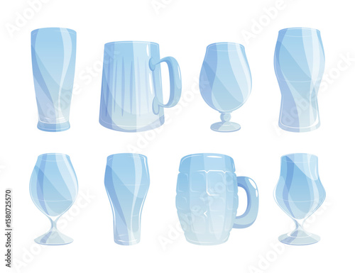 Empty beer glasses in various shapes and sizes. Vector isolated cartoon pint and mug, tulip and stein. Tankards for alcoholic beverages. Menu design, brewery mockups or product presentations