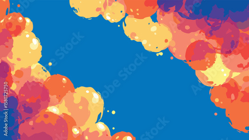 Abstract arrangement of colorful spheres on a blue background creating a dynamic visual effect with depth