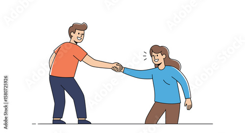 Two people are shaking hands and looking at each other as they are starting a new partnership or collaboration in a stylized illustration