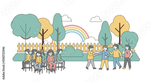 Celebrating inclusive playgrounds and outdoor activities for children with diverse needs and abilities in a lively park setting