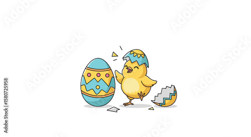 Adorable newly hatched chick celebrates easter with a decorated egg cracking open a shell happy spring greeting
