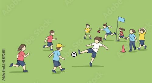 A group of young children enjoying a friendly game of soccer on a sunny day outside