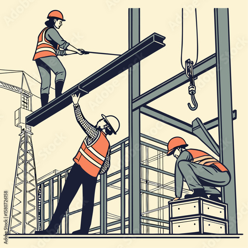 Construction workers on a roof and ladder with harnesses for safety on a steel building site under a blue sky