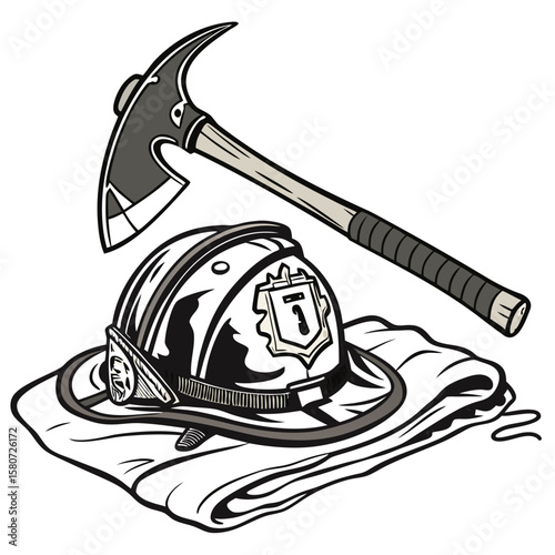 Cartoon vector illustration of an axe and hammer with a helmet icon, a symbol of head and face design art