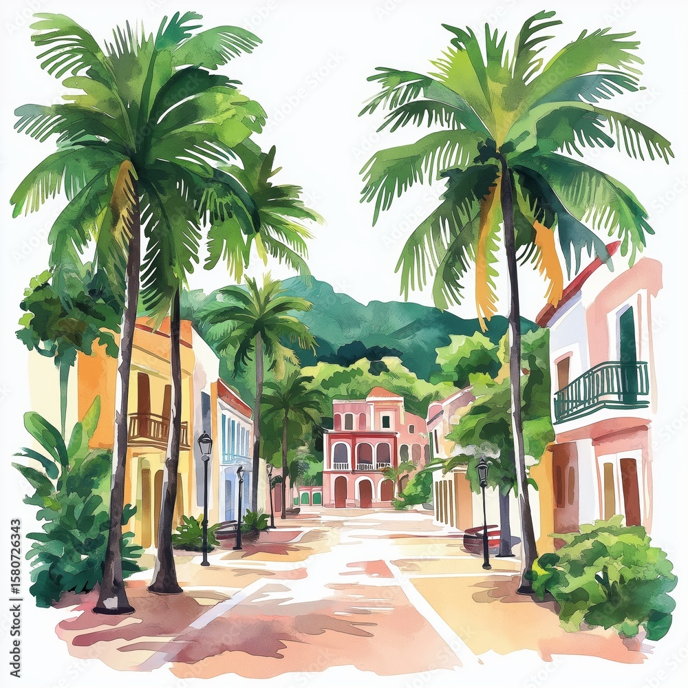 Fototapeta premium Place des Palmistes. Place des Palmistes hand drawn watercolor illustration