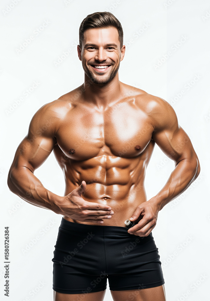 Fototapeta premium Portrait of a shirtless ultra-ripped man smiling while rubbing oil on his abs. Clean white background with soft lighting. Fitness-oriented and commercial-friendly image.