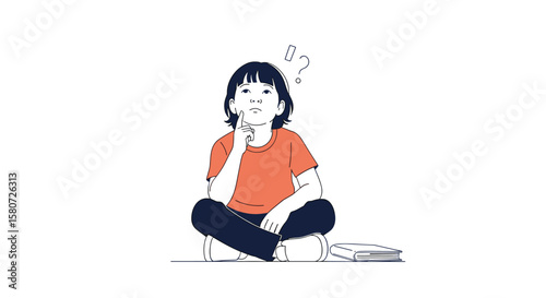 A young girl sits cross legged with her chin resting on her hand pondering deep thoughts