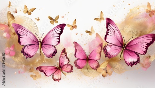 elegant pink and golden butterflies in flight on white background
