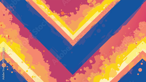 Abstract chevron pattern with splattered watercolor effect in shades of blue yellow pink and orange hues