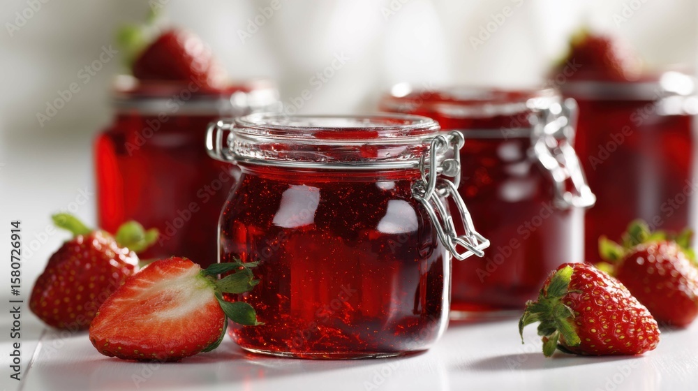 Close-up of strawberry jam in glass jar with berries scattered around Close-up of strawberry jam in glass jar with berries scattered around