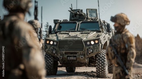 Modern military vehicle and soldiers in camouflage standing in outdoor environment