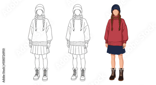 Fashion illustration process showing silhouette development leading to a final stylized outfit design for a young person