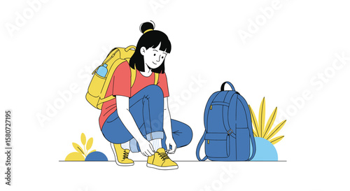 A young girl with a backpack getting ready for a journey tying her shoelaces with another backpack nearby on a sunny day