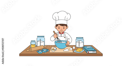 Young chef enthusiastically mixes ingredients in a bowl ready to bake delicious treats