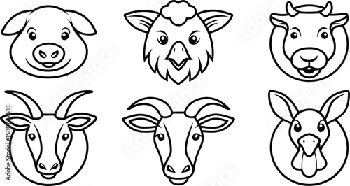 Farm animal heads pig chicken cow goat sheep vector