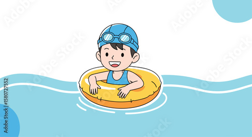 Joyful young boy in swimming cap and goggles floating with a yellow inflatable ring in a bright blue swimming pool on a sunny day