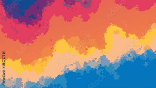 Colorful abstract painting featuring blended hues of pink orange yellow and blue in a cloud like pattern