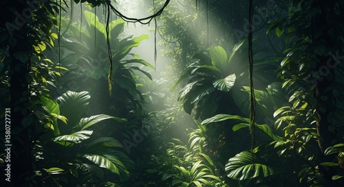 Dense Jungle Canopy with Light Filtering Through, Layered Leaves and Tropical Humidity, Immersive Rainforest Depth, Lush Tropical Forest Scene