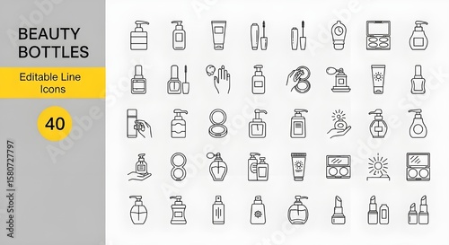 Beauty Bottles Editable Line Icons Set | Collection of Cosmetic Products and Containers for Beauty, Spa and Personal Care Marketing