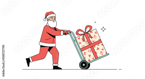 Santa claus pushing a large wrapped present on a trolley towards the viewer during the holiday season