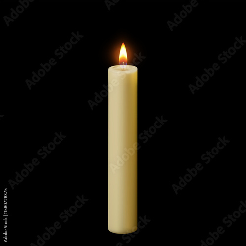 Burning wax candle 3D vector illustration, realistic glowing lit paraffin candle with fire flame, candlelight decoration