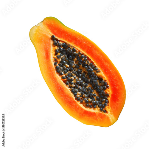 Close up of a ripe papaya half with vibrant orange flesh and black seeds isolated on transparent background