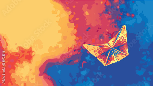 Abstract origami butterfly on a colorful background with yellow orange red and blue hues painted style