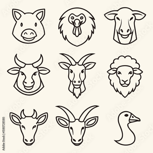 Farm animal heads collection chicken sheep