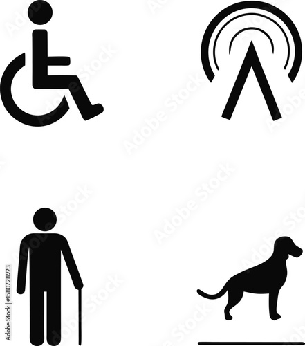 Accessibility Icons Wheelchair, Walking Cane, Guide Dog, and Wi-Fi Symbol