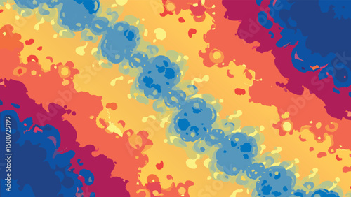 Abstract diagonal pattern with blue floral shapes and a blend of warm colors creating a vibrant design