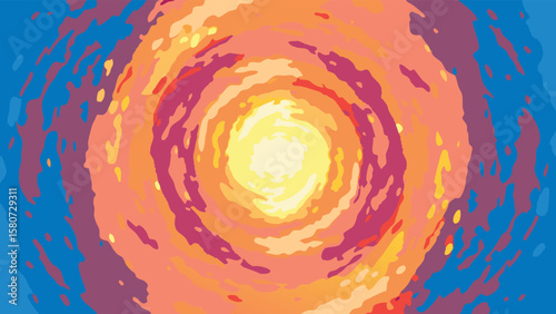 Abstract concentric circles in warm hues radiating from a central bright light source, with blue edges