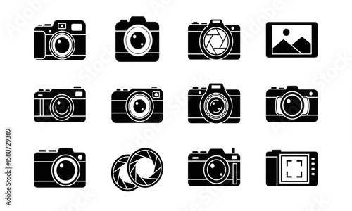 Camera Icons Collection - Black and White Photography Equipment Vector Illustration for Logo Design, Website Graphics, and Creative Projects