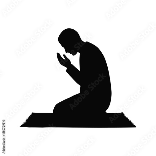 Muslim man praying silhouette Islamic prayer kneeling worship faith religion spirituality vector illustration