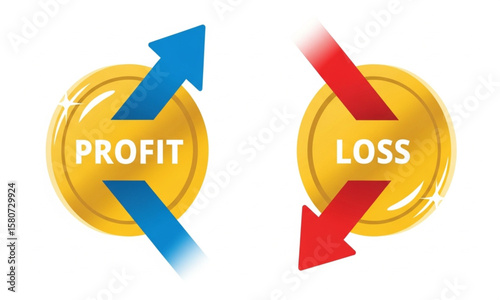 Profit and Loss on Gold Coins with Arrow Indicators | Financial Gains and Losses Illustration for Business, Investment and Accounting Concepts