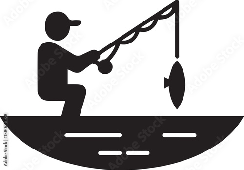 A black vector illustration silhouette of a man sport fishing from a boat