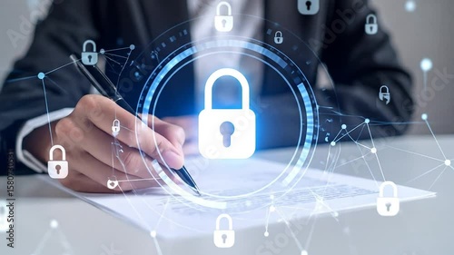A person in a suit signs a document overlaid with digital padlock icons and network lines, illustrating security