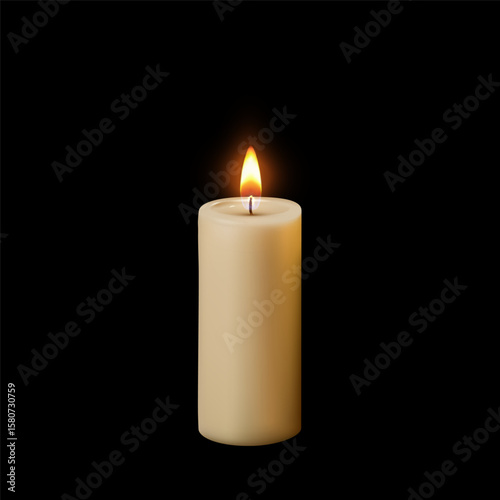 Realistic wax candle with flame on black isolated background.