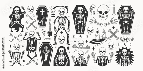 Mega Halloween Bundle Featuring Skeletons, Coffins, Skulls, Crosses, and Bones, Perfect for Halloween Decorations, T-shirt Designs, Stickers, Printables, and Spooky Artwork
