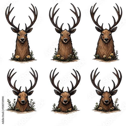 Deer Head with Antlers Vector Pack in Mixed Decorative Styles