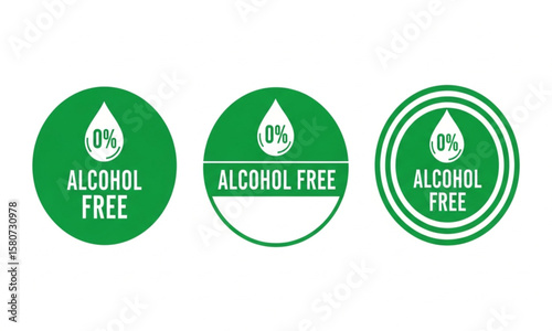 Alcohol Free Label Set with Green Circle and Drop Icon | Allergen Free Symbols for Packaging, Cosmetics, and Product Marketing