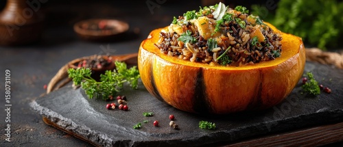 Wild rice and herb stuffing baked inside a roasted pumpkin.