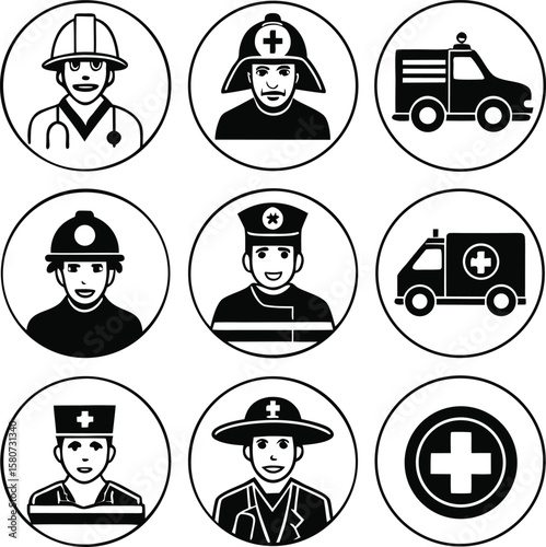 Essential Emergency Service Workers & Vehicles Icons