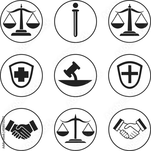 Legal and Medical Icons Justice, Law, Healthcare Symbols