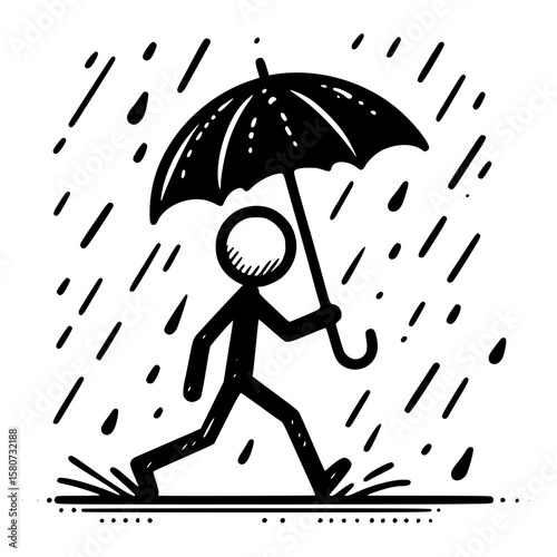 Photos Stickman Walking with Umbrella Line Art SVG Illustration