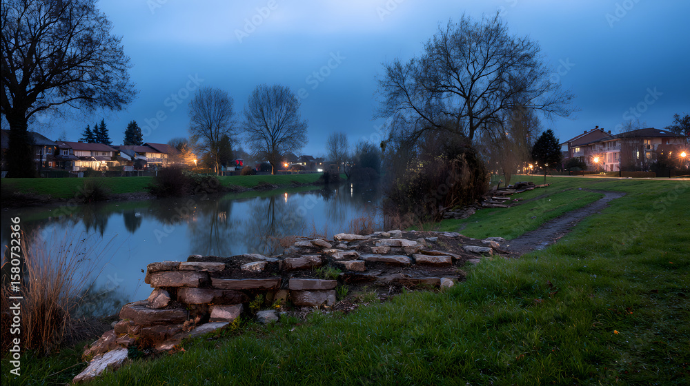 Fototapeta premium Twilight serenity by the urban river, where water mirrors the fading day