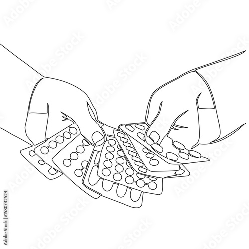 Continuous one single line drawing Hand Holding Multiple Blister Packs of Pills Pharmaceutical and Healthcare vector illustration concept